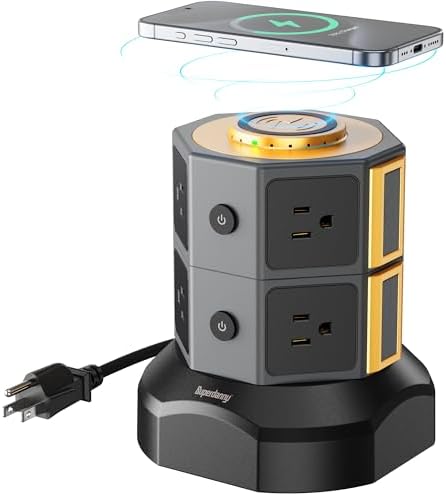 Revolutionize Your Charging Setup with SUPERDANNY Power Strip Tower – 15 W Wireless Charger, 6.5 Ft Retractable Cord, 1050 J Surge Protection, 8 Outlets & 4 USB Ports (2 USB-C) for Ultimate Home and Office Versatility