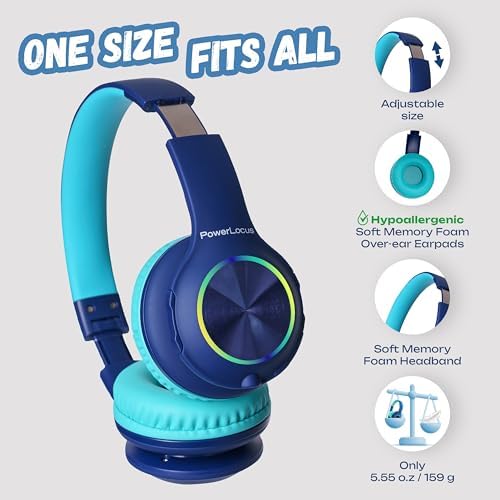 Vibrant Power Locus PLED Kids Bluetooth Headphones – Safe Volume Control (74/85/94 d B), Fun LED Lights, Hi-Fi Sound, Built-in Microphone & Multi-Connectivity for Travel, Learning & Play – Perfect Over-Ear Design for Children