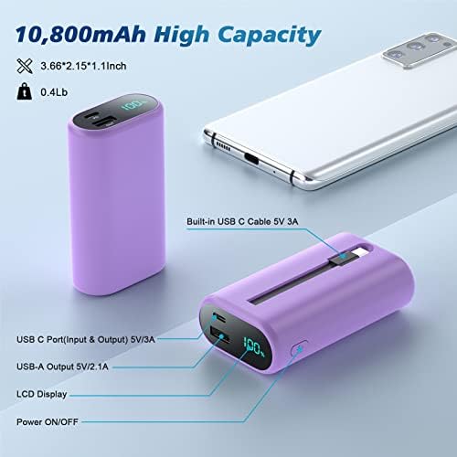 Compact 10800 m Ah Portable Charger with Built-in USB-C Cable – Fast PD 3 A Power Bank for Samsung Galaxy S22/S21, Note, Moto, and LG – LCD Display for Real-Time Battery Monitoring – Ultimate Solution for Mobile Charging Needs