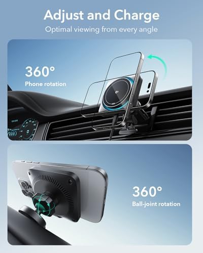 Magnetic ESR Car Charger for Mag Safe – 15 W Fast Wireless Charging Mount for i Phone 12-16 & Galaxy S25 | Versatile Air Vent & Dashboard Phone Holder for Effortless Navigation & Hands-Free Use | Premium Design for Enhanced Compatibility & Performance