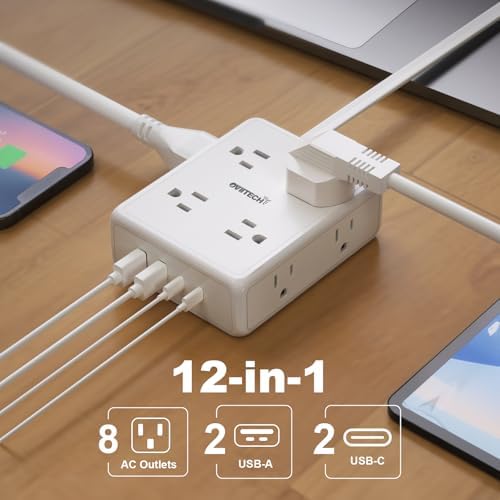 Maximize Your Power Potential with the 6 Ft Surge Protector Flat Extension Cord Power Strip – 8 Outlets & 4 USB Ports (Including 2 USB-C) for Rapid Charging, 1350 Joules Protection, Perfect for Home or Office Environment, Space-Saving Design for Enhanced Compatibility