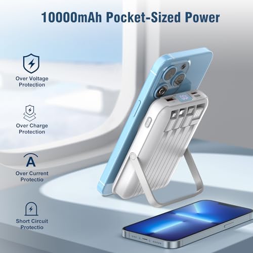 Ultra-Sleek 10000 m Ah Wireless Magnetic Power Bank – Fast Charging Portable Charger with Built-in Cables & LED Display – Compatible with i Phone 16/15/14/13/12/Pro/Mini/Pro Max (Purple) – Convenient On-the-Go Power Solution with Integrated Stand and Mag-safe Technology