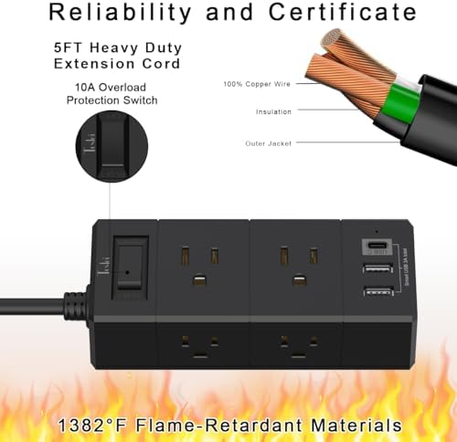 15 Ft Flat Plug Power Strip with 6 AC Outlets and 3 USB Ports – Tcstei Compact Extension Cord for Home, Office, and Dorm Room – Versatile ETL Certified Power Solution with Fast Charging and Space-Saving Design