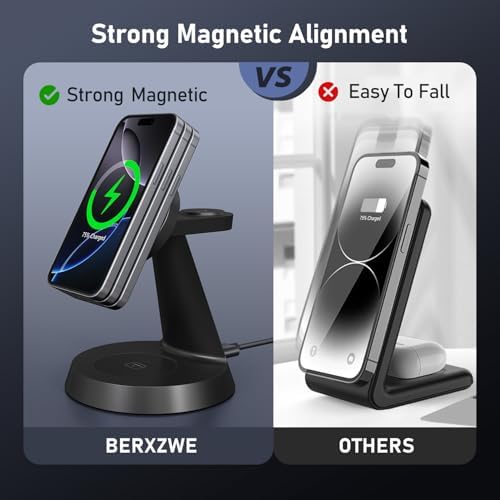 Sleek Pink 3-in-1 Wireless Charging Station for Apple Devices – 15 W Mag Safe Fast Charger Stand for i Phone 16/15/14/13/12, Air Pods & i Watch – Magnetic Alignment for Effortless Power-Up & Clutter-Free Workspace