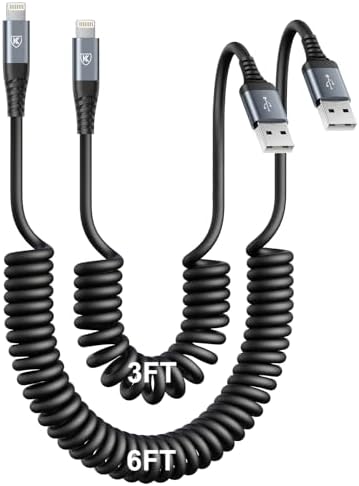 Travel-Ready 6 FT Coiled Lightning Charging Cable for i Phone, i Pad, & i Pod – MFi Certified Dual Pack, Fast Charge Compatible with i Phone 14, 13, 12, 11 Pro Max, XS, XR, and More – Sleek Black Design for Ultimate Convenience and Durability