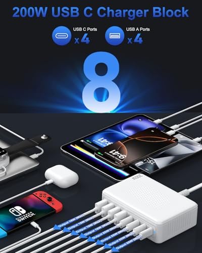 200 W Ga N USB C Charging Station Hub – High-Speed 8-Port Power Adapter for Mac Book Pro/Air, Dell, i Pad, i Phone 15/16, Samsung S23/S24 & Steam Deck – Ultimate Fast Charger with Enhanced Safety Features for Home, Office & Travel