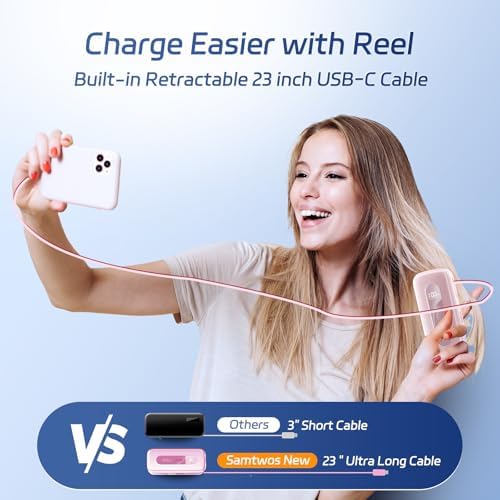 Compact 10,000 m Ah Power Bank with Retractable USB-C Cable – 30 W Fast Charging Portable Charger for i Phone 15/16, Galaxy, and i Pad – Smart LED Display for Travel Convenience and Enhanced Compatibility