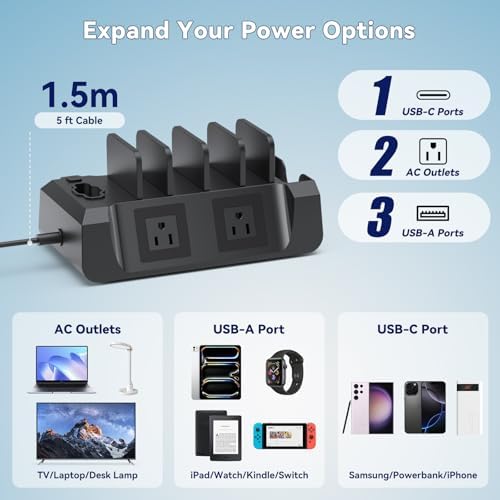 KDD 6-in-1 Multi-Device Charging Station – Sleek Black Dock for Smartphones, Tablets, Apple Watch & Headphones – Fast Charge with 2 AC & 4 USB Ports – Space-Saving Design for Ultimate Organization and Efficiency – Perfect Home & Office Charging Solution