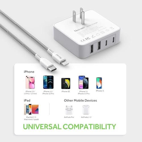 Nekmit 52 W 4-Port USB C Fast Wall Charger – Ultra-Slim Type-C Charging Station with Dual 20 W PD 3.0 Ports & 2 USB Ports for i Phone 14/14 Pro/Pro Max, i Pad Pro, Galaxy, and More – Efficient Multi-Device Charging Solution for Home & Travel