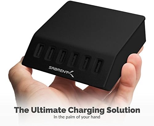 SABRENT 6-Port Aluminum Desktop USB Rapid Charger – 60 W (12 A) Smart Charging Station for Family Devices – UL Certified with Auto Detect Technology – Sleek, Compact, and Ideal for Home, Office & Travel Use