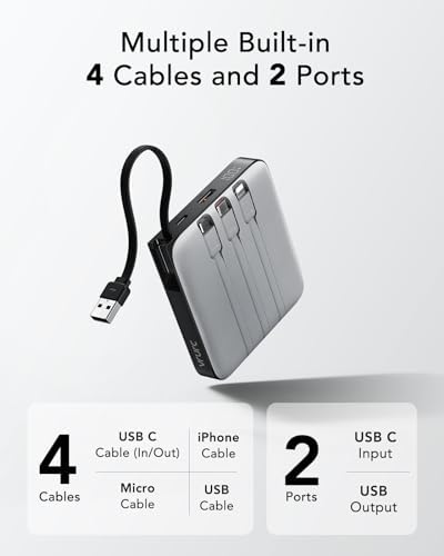 VRURC 20000 m Ah Portable Power Bank with Integrated Cables – Ultimate Travel Companion for i Phone 11-16 & Samsung Galaxy Series – Rapid 22.5 W Fast Charging Efficiency, Compact Design for On-the-Go Convenience – Essential Battery Pack for Uninterrupted Connectivity