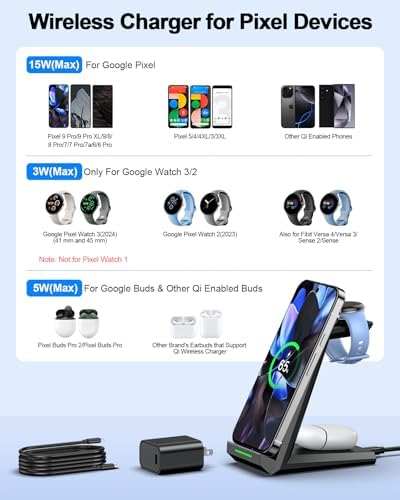 NANAMI 3-in-1 Wireless Charging Dock – Fast Charge Station for Google Pixel 9 Pro/XL/8/7/6, Buds Pro 2, and Watch 3/2 – Versatile Qi Charger with PD 3.0 Adapter for Home and Office – Safe, Ergonomic Design with Magnetic Pixel Watch Compatibility and Universal Device Support – Perfect Gift for Tech Lovers and Google Enthusiasts