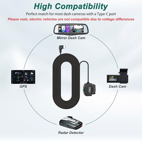 MEIRIYFA OBD OBD2 Power Cable for Dash Camera OBD to USB Type C Right Angle Hardwire Charger 90° Degree Wire Cord,12V-24V to 5V 3A 24 Hours Surveillance/Acc Mode with Switch Button (USB Type C) – Enhanced Compatibility and Speed
