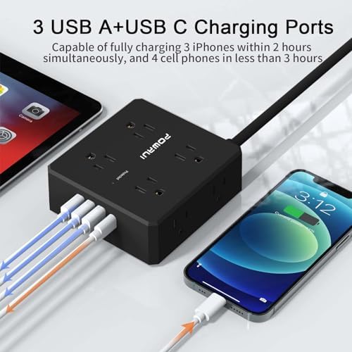 Maximize Your Power Management with a 6 Ft Surge Protector Power Strip – 8 Outlet Extension Cord Featuring 4 Fast USB Charging Ports (1 USB-C), Ideal for Home Office Convenience and Safety, ETL Listed for Enhanced Surge Protection and Compatibility