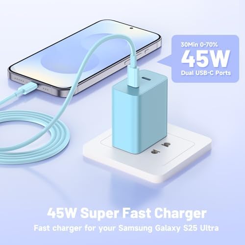 Dual-Port 45 W USB-C Wall Charger for Samsung Galaxy S25/S24 Ultra – Super Fast Charging with 2-Pack 6.6 ft Cables, PD 3.0 & PPS Technology for Enhanced Compatibility and Performance – Ideal for Mobile Professionals and Families