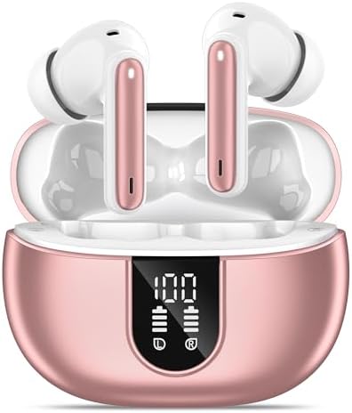 Elevate Your Sound Experience: Stylish Rose Gold Wireless Earbuds with Bluetooth 5.3, 40-Hour Playtime, Deep Bass Stereo, Noise-Canceling Mic, and IP7 Waterproof Durability for i OS & Android Devices – Perfect for Music Lovers and Active Lifestyles