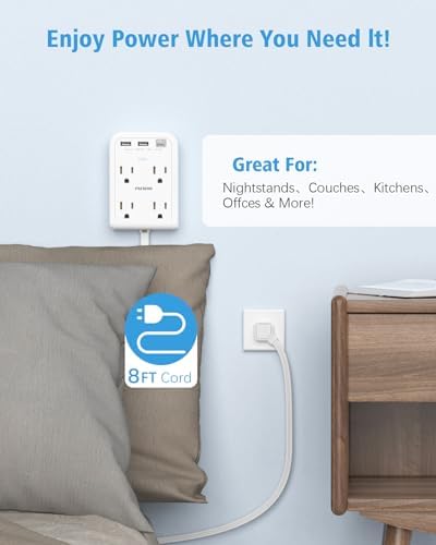 Maximize Power Efficiency with 6 ft Flat Electrical Outlet Extender – 4 Outlets & 3 USB-C Ports, Space-Saving Surge Protector for Home & Office, Rapid Device Charging Power Hub, Sleek White Design