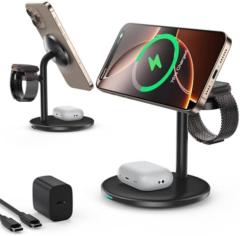 Revolutionary 3-in-1 Aluminum Wireless Charging Station for Apple Devices – Fast 15 W Mag Safe Charger for i Phone 16/15/14/13/12, Dedicated Charging Dock for Apple Watch & Air Pods with 20 W Adapter – Streamlined Design for Effortless Organization and Enhanced Device Longevity