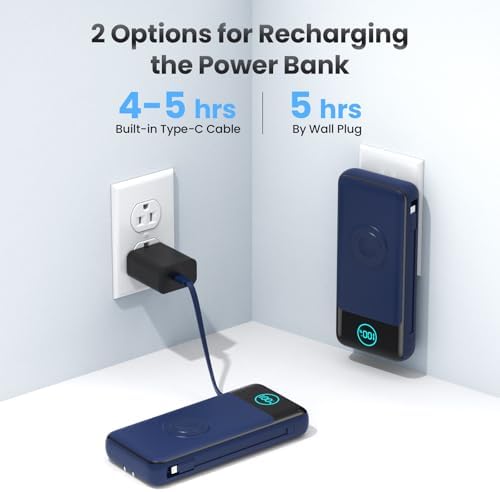 26800 m Ah Ultra-High Capacity Portable Charger with Built-in Cables & AC Wall Plug – 6-in-1 USB-C Power Bank for Fast Charging of i Phone 16/15/14/13/12, Android Devices & Apple Watch – Charge 5 Devices at Once with 25 W PD & Quick Charge Technology – Ideal for Travel, Camping, and Daily Use – Advanced Safety Features for Optimal Performance