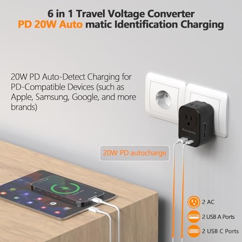 Universal Travel Adapter & 20 W Voltage Converter for Global Journeys – 220 V to 110 V with Dual USB-A and USB-C Fast Charging Ports – Essential Travel Accessory for Spain, Italy, Brazil, Chile, and Iceland (Sleek Black) – Compact, Lightweight, and Versatile Design for Effortless Portability and Device Compatibility