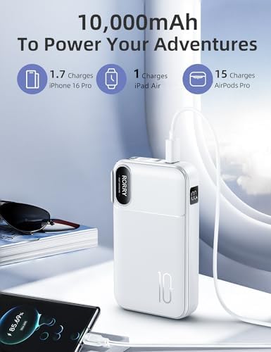 10000 m Ah RORRY Portable Charger with Built-in Cables & AC Wall Plug – Ultra-Fast 22.5 W Power Bank for i Phone 16/15/14, Samsung Galaxy S24/S23/S22, Google Pixel, LG, i Pad – Exceptional Travel Companion with Multi-Device Charging Capability and Enhanced Compatibility