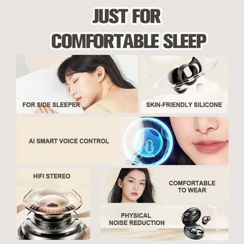 Transform Your Sleep Experience with Mini Wireless Noise Cancelling Earbuds for Side Sleepers – Ultra-Comfortable Bluetooth Design in Skin-Tone Finish for Unmatched Comfort and Device Versatility – Ideal for Restful Nights and Relaxing Moments
