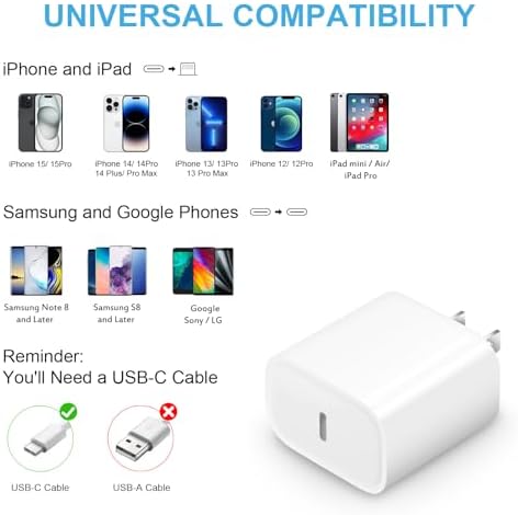 20 W Ultra-Fast Charging Solution for i Phone 16 & i Pad Pro – Complete 3-Pack with 3 USB-C Blocks & 3 Durable 6 FT Cables for Maximum Convenience at Home & On-the-Go – Effortlessly Compatible with All Your Apple Devices