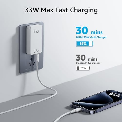 BUDI 33 W Ultra-Slim Travel Wall Charger – Dual USB Fast Charging Adapter for Mac Book, i Pad, i Phone, Samsung Galaxy & More – Compact Design with Advanced Safety Features for Effortless Device Charging