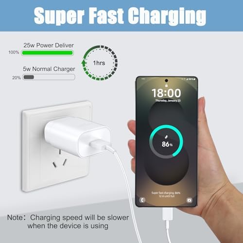 10 Ft USB C Charging Cable with 25 W Fast Charge Block – Optimal Compatibility for Samsung Galaxy S25/S24/S23 Series and Note 20/10 – Durable, Long-Lasting Performance for Home, Office, or Travel Use – Effortless Power for Your Android Devices