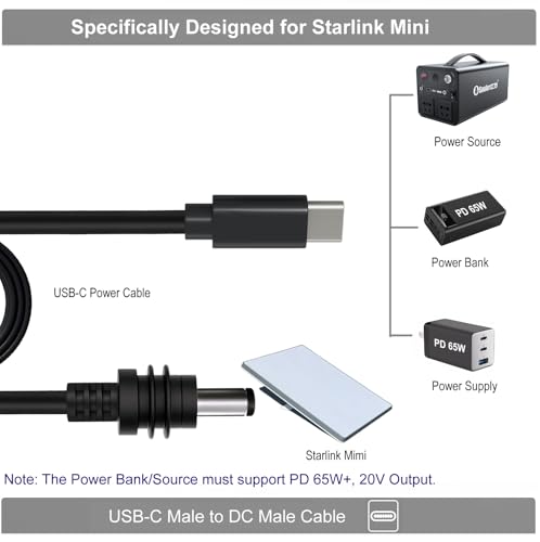 Starlink Mini USB C to DC Power Cable, 6.5FT/2M Type-C to DC Power Cable for Starlink Mini, PD 20V USB-C Input to DC Male Output Waterproof, Compatible 65W PD 20V Protocol Power Supply/Source (2M) – Enhanced Compatibility and Speed