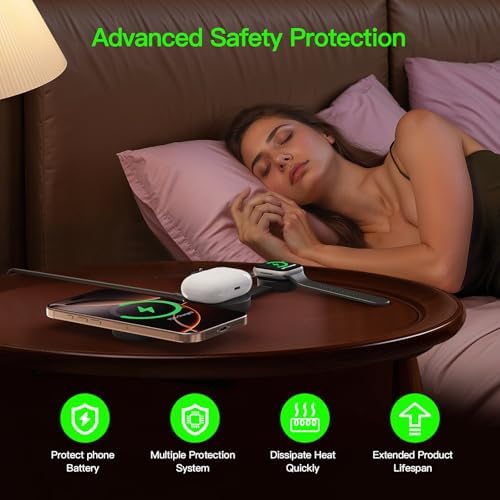 Revolutionary 3-in-1 Travel Magnetic Wireless Charging Station – Fast Mag-Safe Charger for Apple Devices, Compatible with i Phone 16/15/14/13/12 Pro Max Plus, Apple Watch, and Air Pods (Black) – Enhanced Cooling Tech, Portable Design, Perfect for On-the-Go!