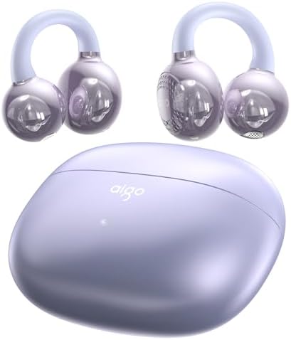 aigo CA05 Open Ear Bluetooth 5.4 Earbuds – Waterproof Wireless Headphones with Clip-On Design, 50 Hours Playtime & Noise Reduction for i Phone, Android, and Laptop – Perfect for Active Lifestyles & Clear Conversations in Vibrant Purple