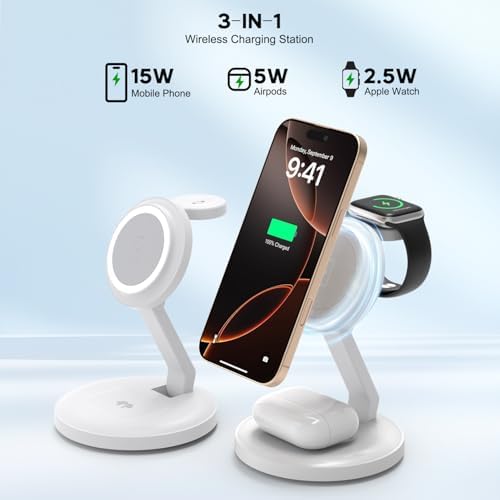 3-in-1 Wireless Magnetic Charging Station for i Phone, Apple Watch, and Air Pods – Fast 15 W Foldable Dock with Strong Magnetic Hold, Compact Design for Travel, Compatible with i Phone 16/15/14/13/12 Series, Apple Watch Ultra/SE/Series 2-10, and Air Pods Pro – Rapid Charge Your Devices to 50% in Just 30 Minutes, Includes 20 W PD Adapter and USB-C Cable – Reliable Safety Features for Peace of Mind