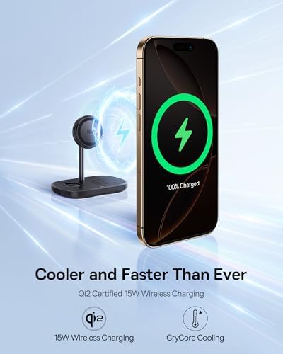Baseus 3-in-1 Wireless Charger Stand – Qi2 Certified 15 W Fast Charging Station for i Phone 12-15, Apple Watch & Air Pods with 45 W Adapter – Stylish and Efficient Magnetic Charging Solution with Cooling Technology