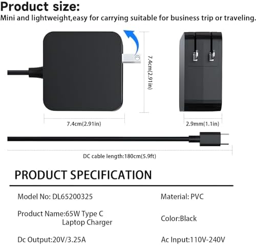 High-Power 65 W USB-C Laptop Charger – Universal AC Adapter for Asus, Dell, Lenovo, HP, Acer & More – Rapid Charging for Laptops, Tablets & Smartphones – Enhanced Compatibility with Multiple Devices – Optimal Performance & Durability