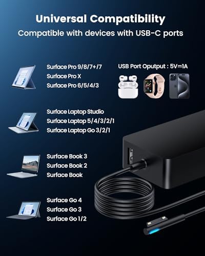 102 W Surface Book 2 Charger for Microsoft Devices – Fast Intelligent Charging with 9.19 Ft Magnetic Cable & LED Indicator – Compatible with Surface Laptop Studio, Pro, Go, and More – Optimal Performance & Safety Features