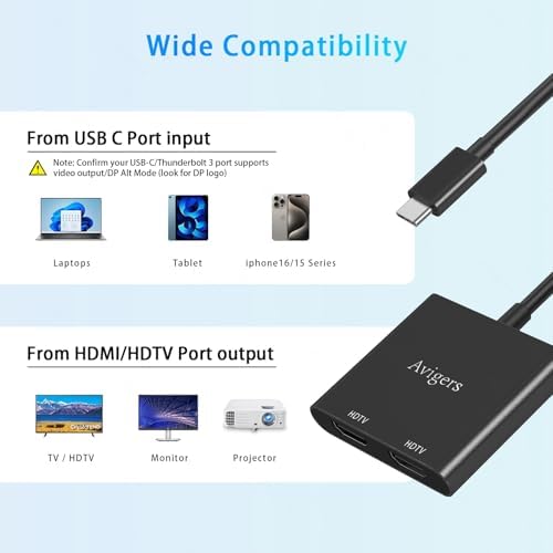 Elevate Your Setup with the Avigers USB C to Dual HDMI Adapter – 4 in 1 Multi-Display Hub for Seamless 4 K Productivity and Gaming, Features 2 HDMI Outputs, PD Charging Port, and USB 3.0 for Lightning-Fast Data Transfer – Lightweight, Portable Design for On-the-Go Professionals and Gamers