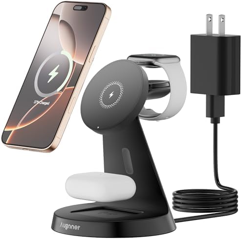 Enhanced 3-in-1 Magnetic Wireless Charging Station with 15 W Fast Charging for i Phone 16/15/14/13/12 Series, Apple Watch, and Air Pods – Ergonomic Design, Adjustable Viewing Angles, and Advanced Safety Features for Optimal Device Care