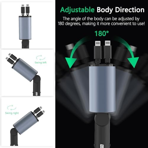 Paiholy 66 W 4-in-1 Retractable Car Charger – Dual USB Fast Charging Station with Dual i Phone Cables for i Phone 14/13/12/11 Pro Max/XS MAX and i Pad – Real-Time Voltage Display, Compact Design for Effortless Travel Convenience