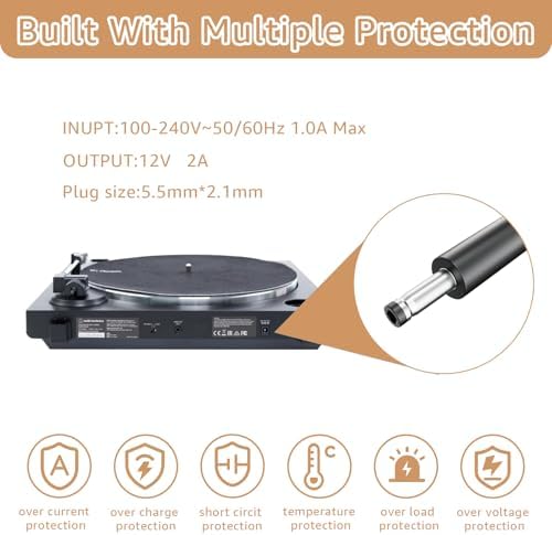 High-Efficiency 12 V Turntable Power Adapter with 6.56 Ft Cord – Ideal for Audio Technica AT-LP60 & AT-LP120 Models – Unmatched Reliability for Vinyl Aficionados – Elevate Your Sound Experience with Consistent Power and Effortless Setup