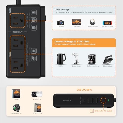 TESSAN 220 V to 110 V Universal Voltage Converter – All-in-One Global Travel Adapter with 4 USB Ports Including Rapid USB-C and 3 AC Outputs for Worldwide Device Compatibility – Compact and Durable Power Transformer for Effortless International Charging