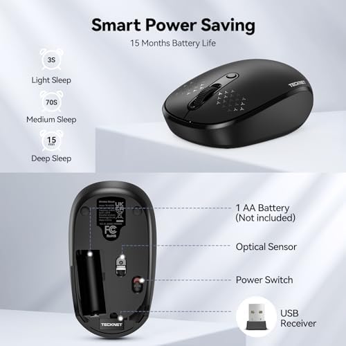 TECKNET 2.4 GHz Wireless Mouse – Ultra-Quiet & Portable Computer Companion with Adjustable DPI, USB Receiver, and Ergonomic Design for Seamless Use Across Chromebook, Laptop, PC & Mac – Enhance Productivity Effortlessly