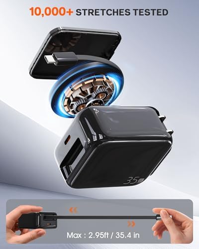 Compact 35 W Retractable USB C Wall Charger with Extendable Cable – Fast Charging Solution for i Phone 16, Galaxy S24/S25, Perfect for Home, Office, and Travel – Tangle-Free Design with Enhanced Compatibility and Durability