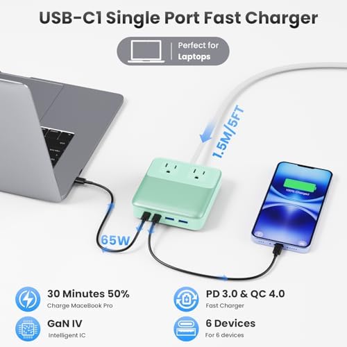 High-Power 135 W Ga N USB C Charging Hub – 6-in-1 Power Station with 2 AC Outlets, 2 USB-A & 2 USB-C Ports, 5 ft Cord, Ideal for PD 65 W Laptop Charging (Mac Book Air/Pro, i Phone 16/15, Galaxy S24) – Fast, Efficient, Universal Device Charger for Home and Travel