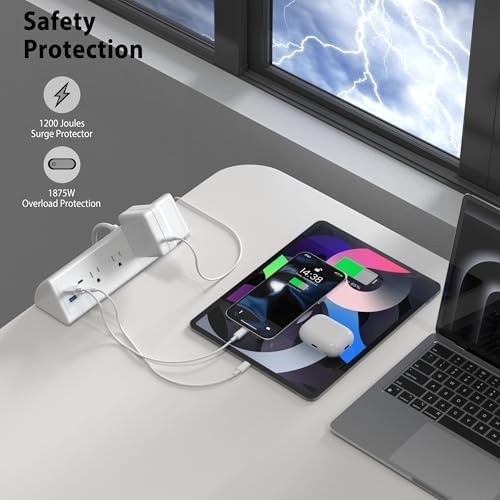 Ultimate Desk Clamp Power Strip with USB C – 4 AC Outlets & 4 Fast Charging USB Ports – 14 AWG Cord for Optimal Power – Secure Edge Mount Design Fits 1.96″ Tablets – Sleek Black Finish – Ideal Office & Nightstand Solution for Enhanced Productivity