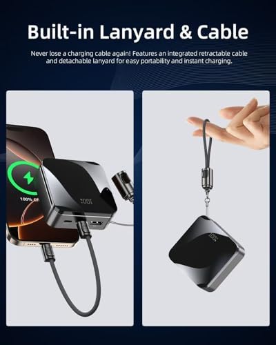 T-CORE 10,000 m Ah Mini Power Bank – Ultra-Compact Fast Charging Portable Charger with Built-in USB-C Cable for Seamless Compatibility with i Phone 15/16 and Samsung Devices – Essential Travel Companion for Camping and On-the-Go Power Solutions