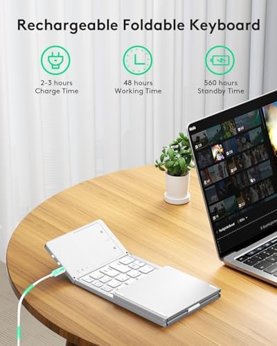 Samsers Portable Bluetooth Keyboard with Touchpad – Ultra-Slim Foldable Wireless Keyboard for Effortless Typing on Android, Windows, and i OS Devices – Rechargeable, Travel-Friendly Design with Device Holder – Black