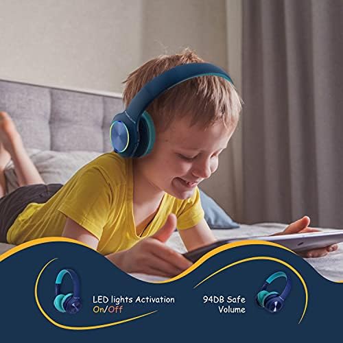 Vibrant Power Locus PLED Kids Bluetooth Headphones – Safe Volume Control (74/85/94 d B), Fun LED Lights, Hi-Fi Sound, Built-in Microphone & Multi-Connectivity for Travel, Learning & Play – Perfect Over-Ear Design for Children