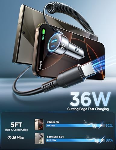High-Speed USB C 72 W Car Charger for i Phone 16 Pro Max Plus & Multi-Device Compatibility – Rapid PD & QC3.0 Charging with 5 ft 36 W Type C Coiled Cable for Samsung Galaxy S24/S23/S22, Pixel, Moto, LG, and More – Ultimate Travel Accessory for Uninterrupted Power on the Go