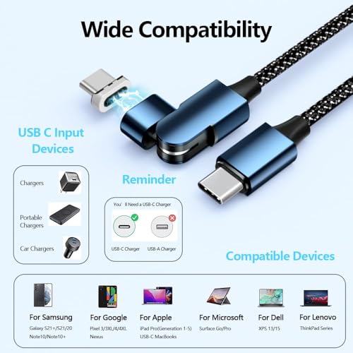 Ultimate 6.6 ft USB-C Magnetic Charger Cable – 2 Pack with 180-Degree Rotation for Effortless Connectivity, High-Speed 100 W Power Delivery for Mac Book Pro 2020, Samsung Galaxy S23/S22/S21 & Nintendo Switch – Durable Nylon Braided Design for Tangle-Free Use and Enhanced Device Compatibility
